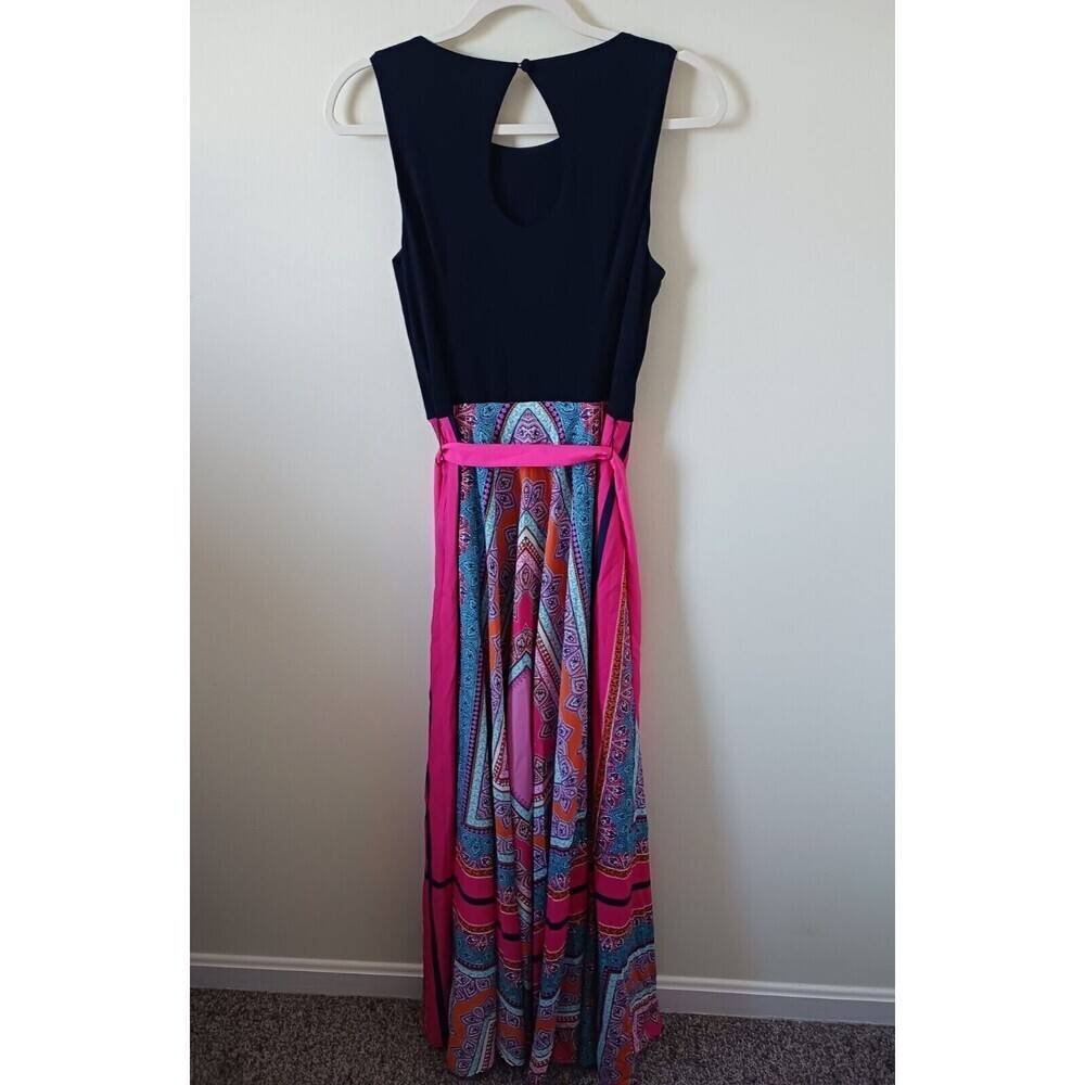 Eliza J Maxi Dress Women's 8 Black Pink Scarf Print Tie Waist Boho - Picture 2 of 8